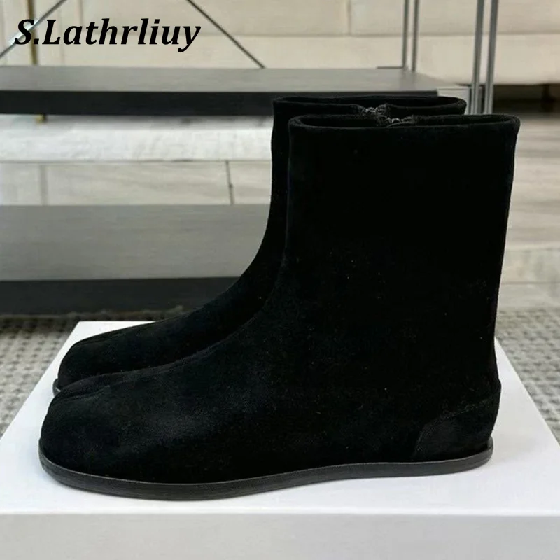 

2024 New Split Toe Boots Autumn Winter Women Boots Cow Suede Solid Color Side Zipper Flat Ankle Botas Simple Comfort Short Boots