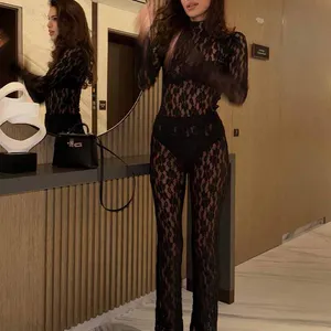 TRAFZA Set kadın pantolon Hollow-Out Dantel tulumlar, ince pantolon flare tayt ile uzun, çok yönlü, eğilim, moda, 2 parça Set onesies'in en iyi 10 satışı-no. 5