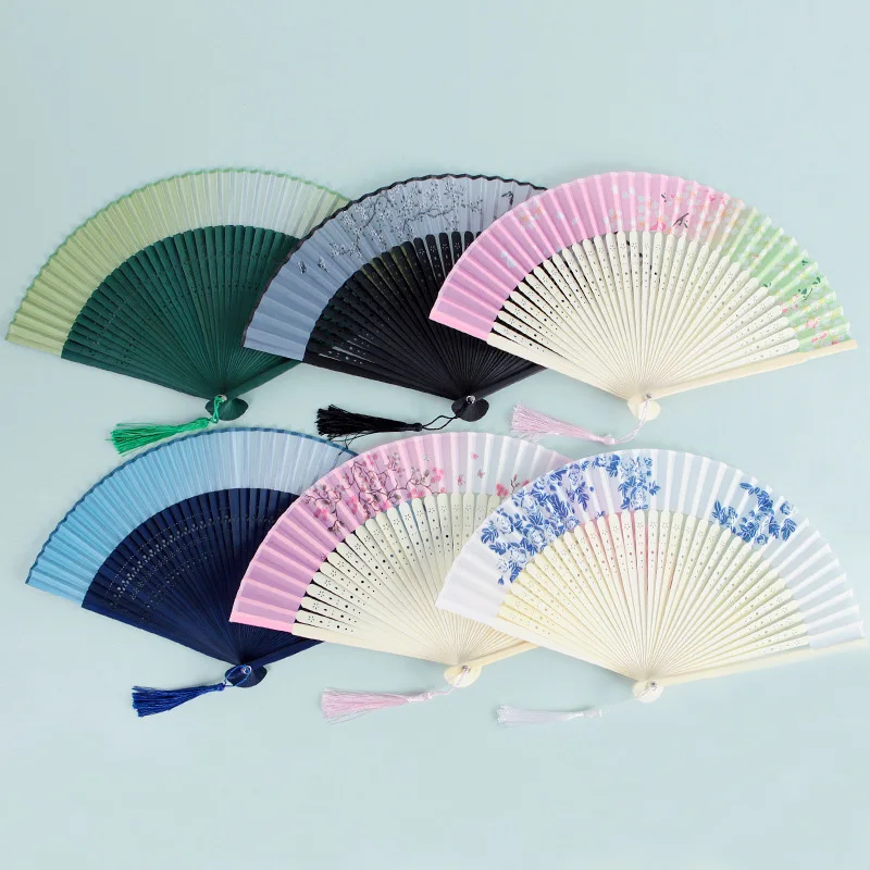 Chinese Vintage Folding Fan Colorful Silk Hand Fan Tassel Elegent Bamboo Shank Classical Dance Fan Home Decoration Accessories