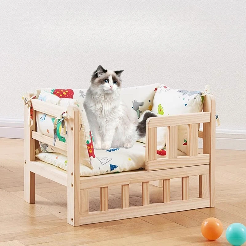 

Elevated Solid Wood Pet Bed 4-Season Breathable Dog Kennel Ground Moisture-proof House for Small Dog & Cat Indoor Pet Furniture