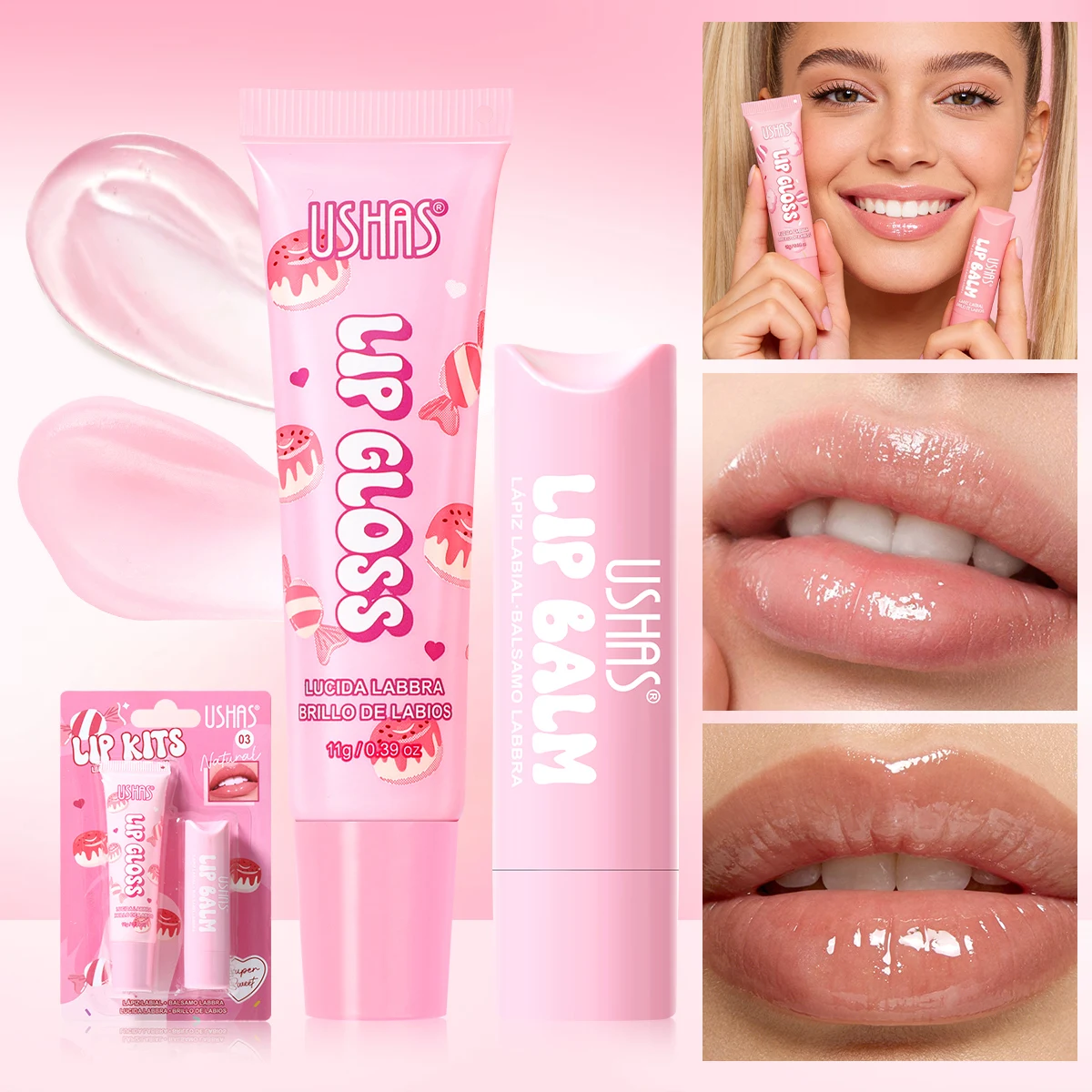 Set de Bálsamo Labial y Brillo Labial USHAS, Kit de Cuidado Labial Sedoso y Humectante para Labios Secos, Reduce las Líneas Finas, Fácil de Aplicar