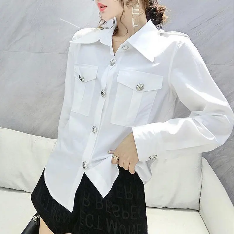 Spring Autumn Turn-down Collar Shirt Women\'s Clothing Commute Pockets Spliced Stylish Solid Color Single-breasted Basic Blouse