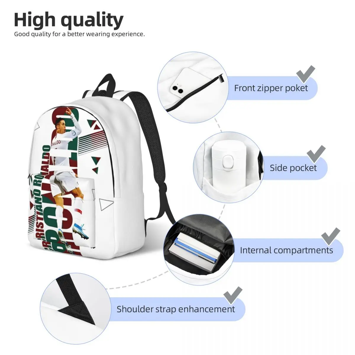 CR7 Soccer Cool Backpack Lightweight Student Hiking Travel Daypack for Men Women Laptop Shoulder Bag