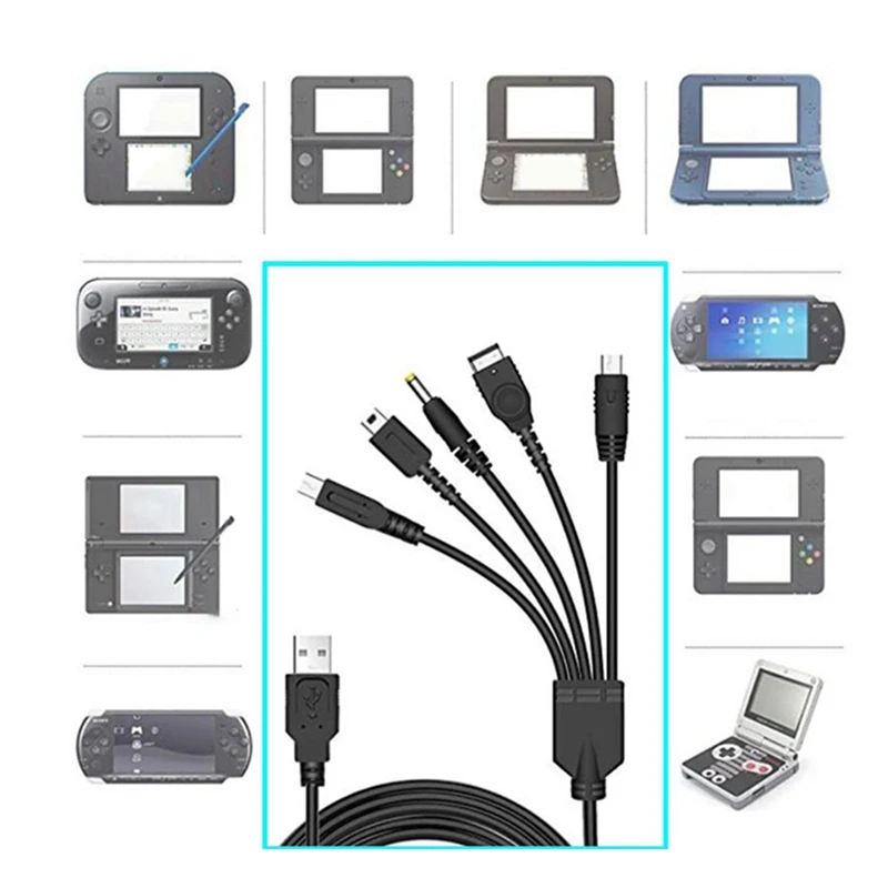 Kabel pengisian daya 5 In 1 untuk Nintendo Wii U, NEW 3DSXL, NEW 3DS, NDS LITE SP, PSP, kabel pengisian daya mudah digunakan