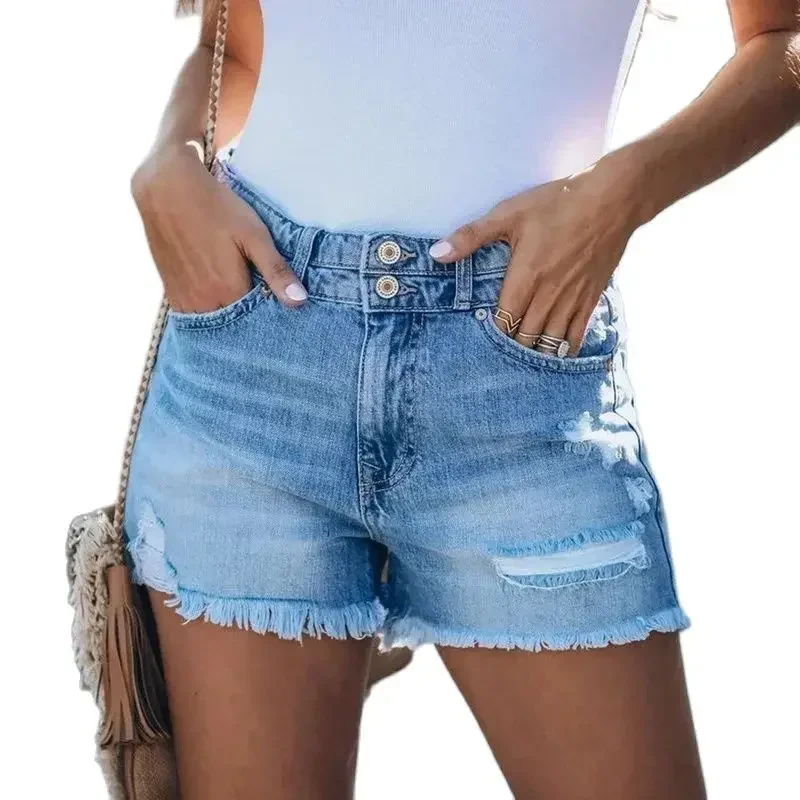 Women High Waist Double Button Splice Tassel Denim Shorts Female Fashion Broken Holes Casual Three Quarter Pants New Streetwear