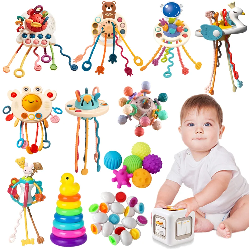 Sensory Montessori Baby Toys 6 12 Months Activity Development Pull String Toys Silicone Teething Rattle Educational Learning Toy