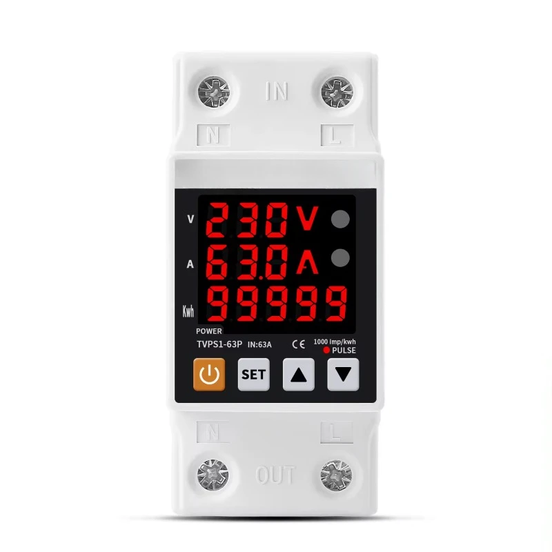 

63A 230V 3IN1 Display Din rail adjustable over under voltage surge protector relay over current protect Kwh Power watt Meter