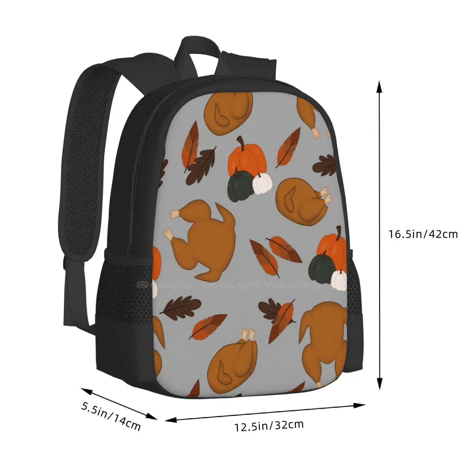 Thanksgiving Pattern com fundo cinza, Turquia Feather Leaf Design Bagpack, mochilas escolares, Solgalaxy Design