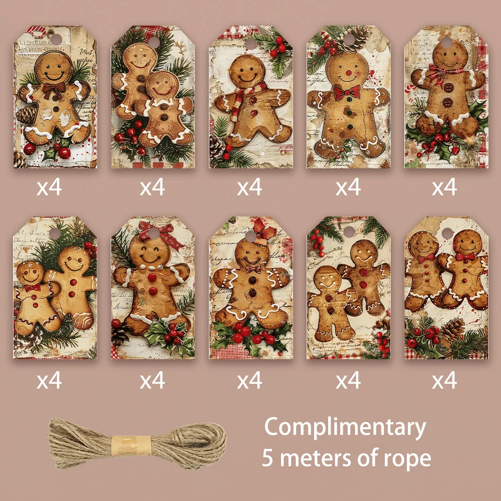 40pcs, Gift Tags, Vintage Gingerbread Man Christmas, Hanging Paper Labels for Gift Wrapping, Holiday Party Decor with String