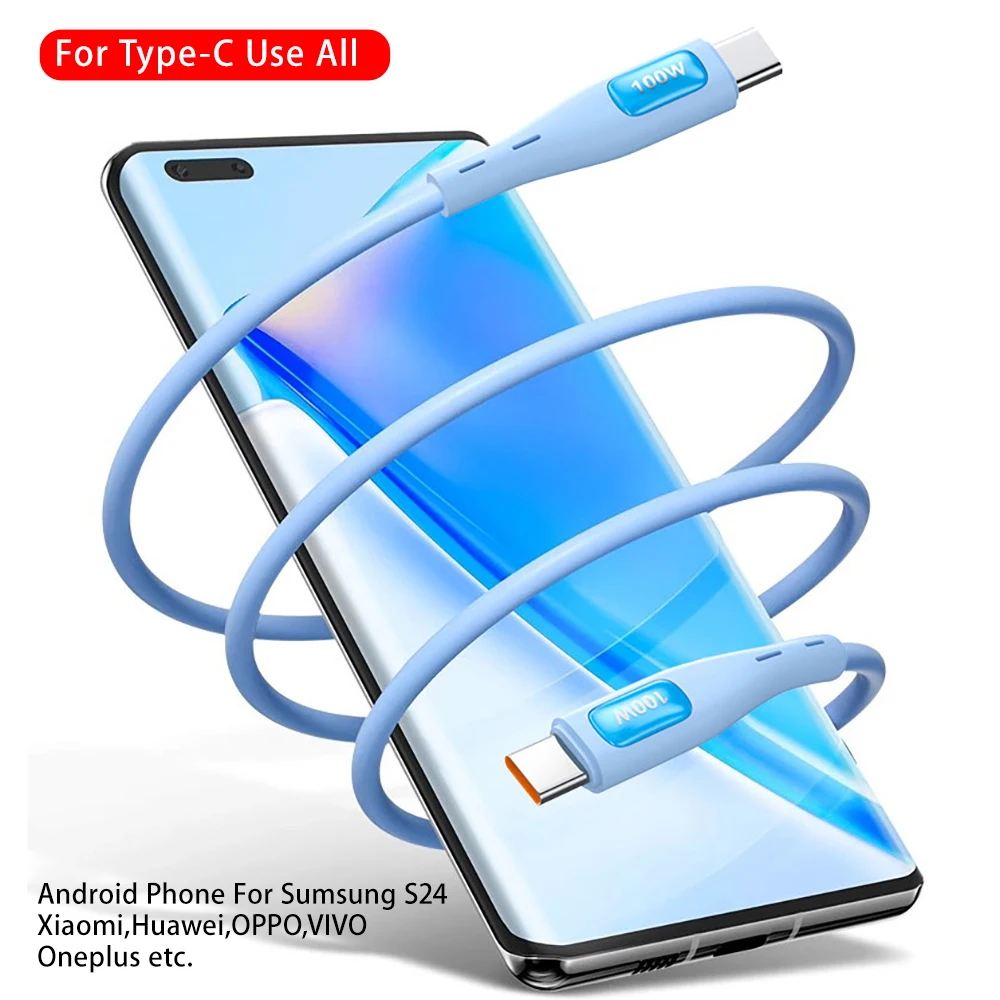 100W 6A Type-C to Type-C Fast Charging Cable  Data Sync Transfer for iPhone  MacBook Android USB Cable Soft Liquid Silicone