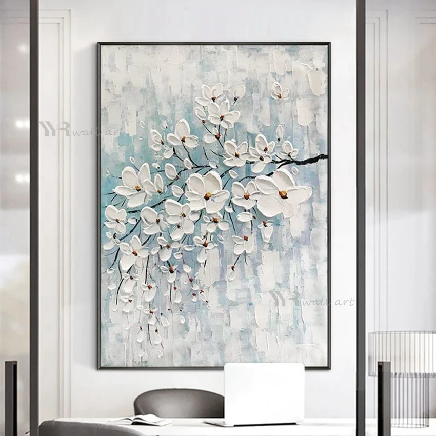 Stunning Wall Decor Poster Handmade Canvas Oil Painting White Plum 3D Aesthetic Art Floral Murals for Living Room Bedroom Porch