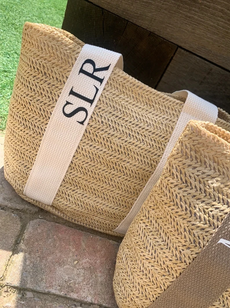 Personalised Womens Straw Tote Bag Summer Beach Customised Handbag Custom Name Bridesmaid Gifts Straw Shopping Bags Wedding Gift