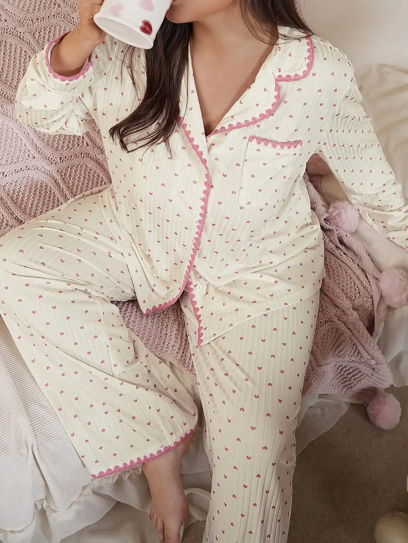 

Cream Heart Print Ribbed Pajama Set with Pink Trim, Long Sleeve Top & Pants, Cozy Sleepwear