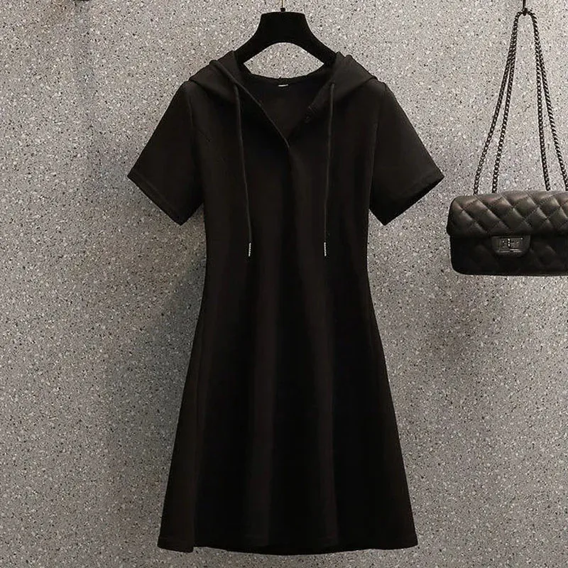 Hoodedknee-length Dresses Casual Solid Empire Chiffon Pullover Patchwork Short Sleeve Summer Women\'s Clothing Comfortable Korean