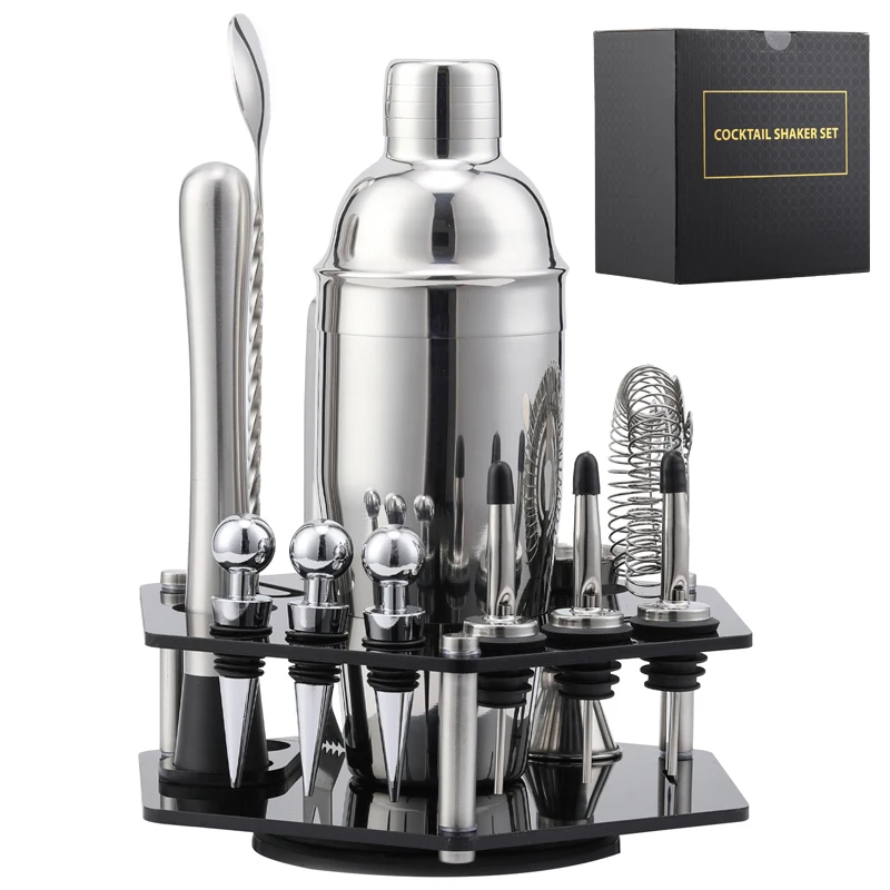 Creatieve Cocktail Shaker Rvs Drietraps Sneeuwpot Gemalen Ijslolly Roeren Lepel Roterende Opslag Rack Set