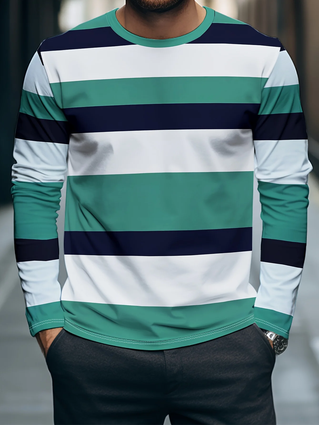 Men's printed casual long-sleeve shirt, street-style trendy fashion T-shirt, breathable, versatile for outdoor wear, loose fit.