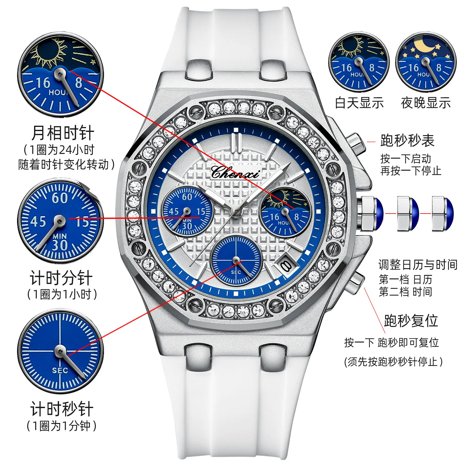 CHENXI 912L Multifunctional Women\'s Moonlight Phase Timing True Three Eyes Calendar with Diamond Octagonal Silicone Quartz Watch