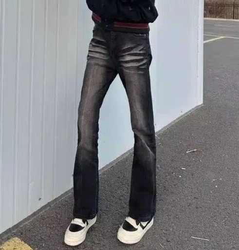Luxury Man Clothing Brands Vintage Washed Cat Whisker Black-gray Stretch Jeans for Men Slim Straight-leg Slight Flare Pants