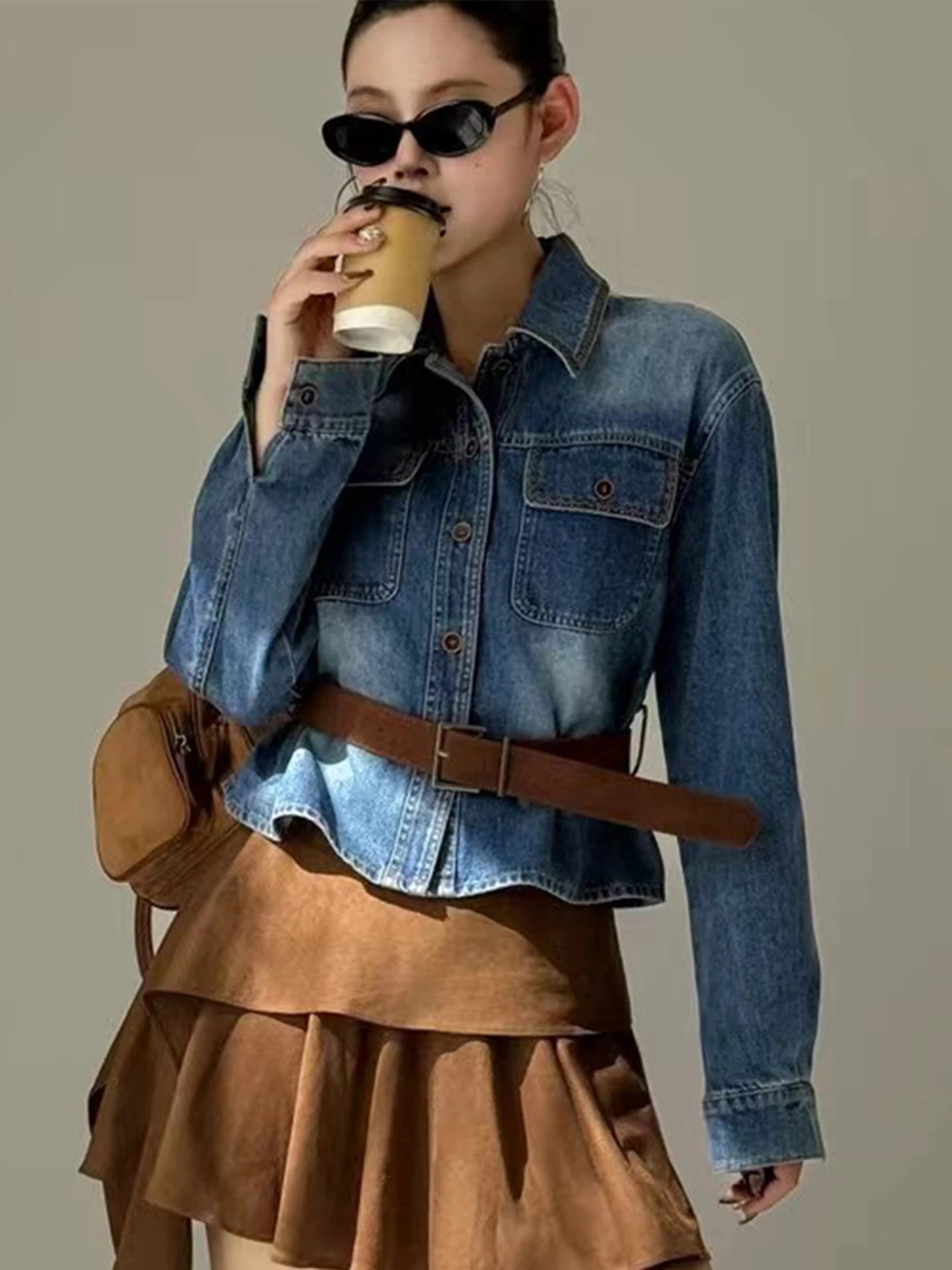 

Retro Collar Denim Belted Long Sve Women's irt Slimming Top Cotton Polyester Blend Regular Fit Button up Casual irt