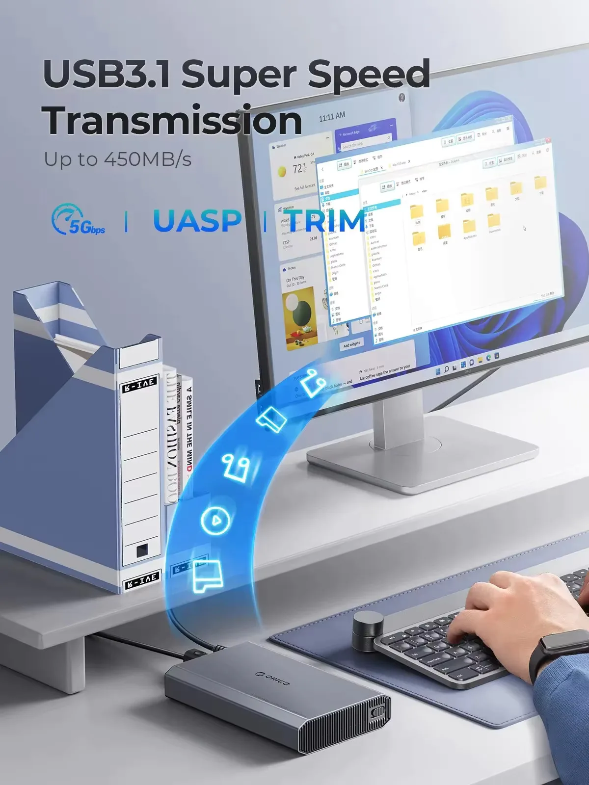 ORICO HDD Case 2.5/3.5 Inch Hard Drive Enclosure USB3.1 Type-C External HDD Case Aluminum Alloy & ABS with 12V2A Power Adapter