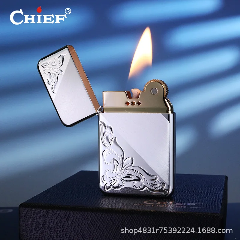 Chief Pure Copper Ultra Thin Oil Lighter Metal Ancient Style Grinding Wheel Ignition Gift Windproof Lighter