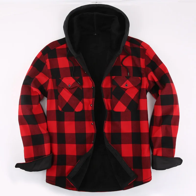 

Autumn and winter plus velvet plus size casual hooded plaid men's long-sleeved shirts, winter warm shirts wholesale shirts