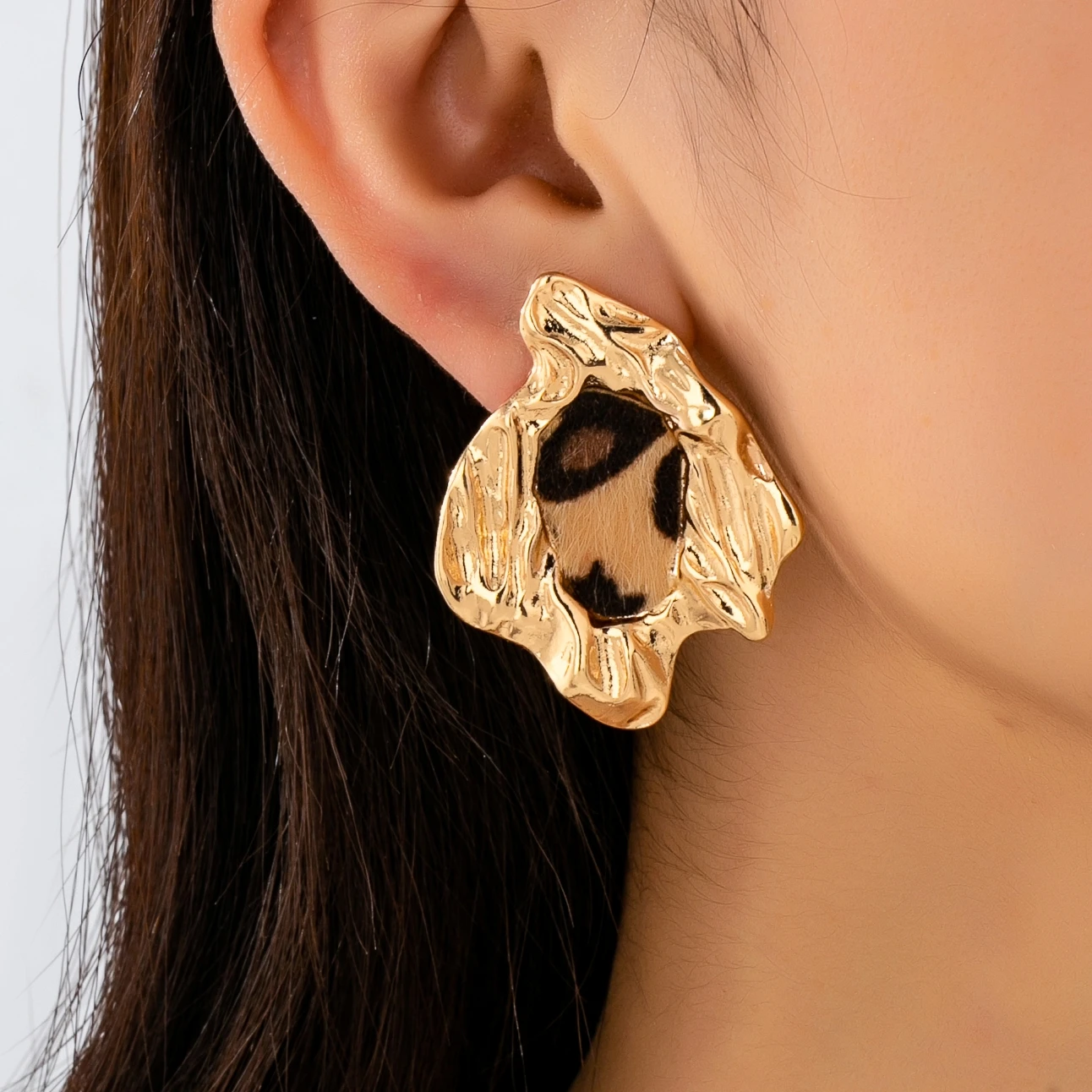 Irregular Hammered Gold Earrings for Women, Exaggerated Earrings with Leopard Print Faux Fur Inlays, Trendy Punk Style Accessories