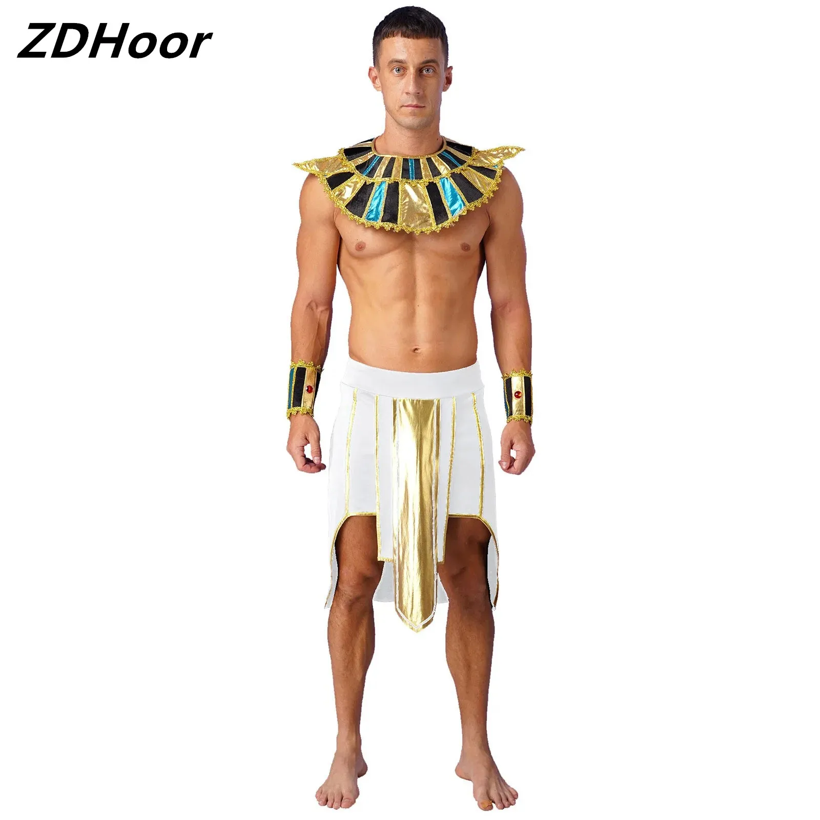 

Mens Ancient Egypt Role Play Outfit Halloween Cosplay Asymmetrical Hem Skirt with Cuffs Self-tie Collar Wrist Bands