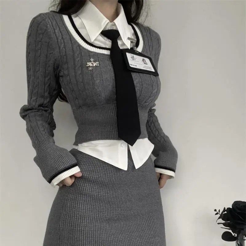 Korean Style Fashion 3 Piece Set Women Knitted Kawaii Sweet Mini Skirt Suit Female Long Sleeve Vintage Sexy Clothing 2024 Autumn