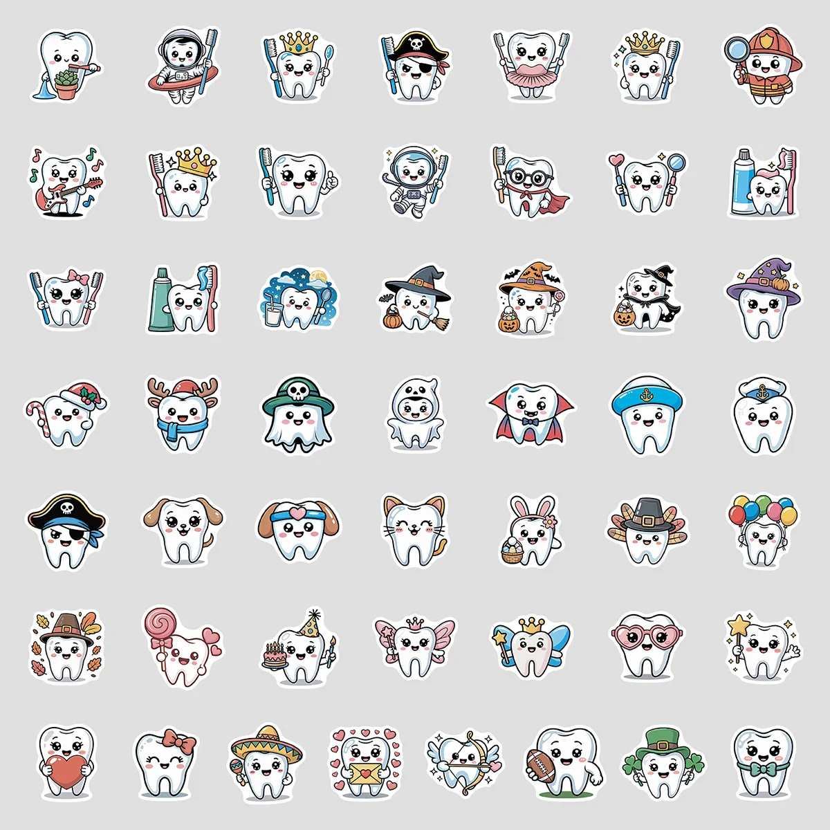 50/100PCS Cute Tooth Graffiti Stickers Water Cup Computer Waterproof Decoration Stickers Cartoon Tooth Stationery Stickers