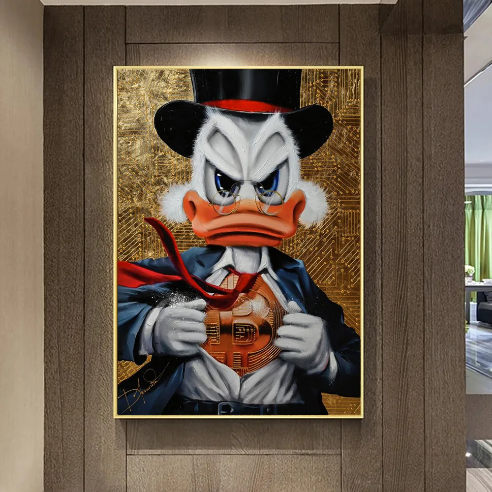 Disney Graffiti B Bitcoin Scrooge McDuck Poster Prints For Living Room Home Decor No Money No Funny Words Canvas Painting Wall