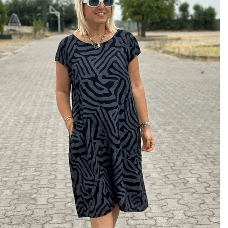 Zebra Print O-neck Rayon Midi Dress Women's Short Sleeves Loose Casual Boho Vintage Dresses for Women Robe Femme