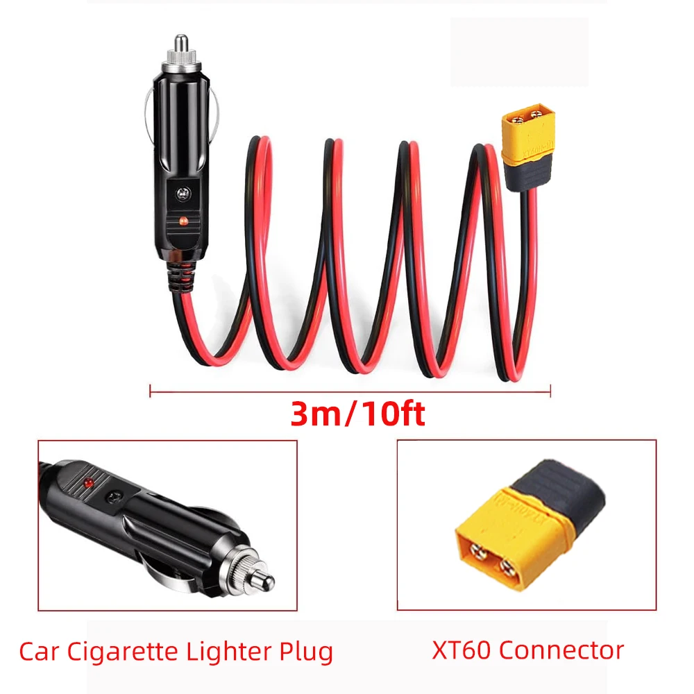 XT60 Male Connector Extension Cable with Cigar Lighter Plug 10FT 14AWG Car Charger and XT60 Adapter Cord Cars to Solar Generator