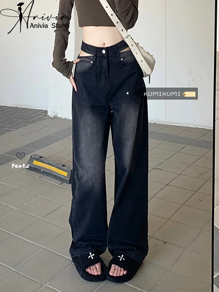 

Harajuku Streetwear Retro Fashion Women High Waist Jeans Black Hollow Out Wide Leg Straight Loose Denim Trousers Y2K Baggy Pants