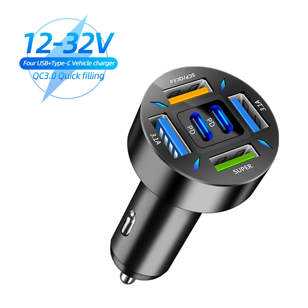 

66W Car Charger 4 USB+2 PD Quick Charge 6 Port Phone Charger Cigarette Lighter Adapter Socket Power for iPhone 11 Xiaomi Samsung