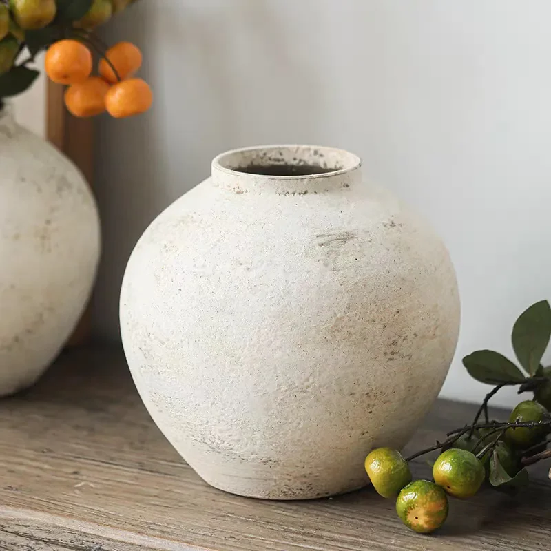 for Quiet Round Belly Ceramic Vase Ornament Wabi Sandy Wind Coarse Pottery Jar for Living Room Entrance Bogu Rack White Retro