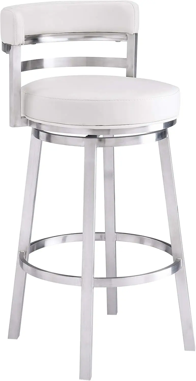 

Madrid 30" Seat Height Swivel White Faux Leather and Brushed Stainless Steel Bar Stool for Kitchen Island Counter