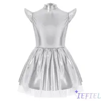 Disfraz de alienígena para niñas, vestido de princesa iridiscente brillante con cuello simulado, manga voladora, vestido tutú con volantes para eventos festivos