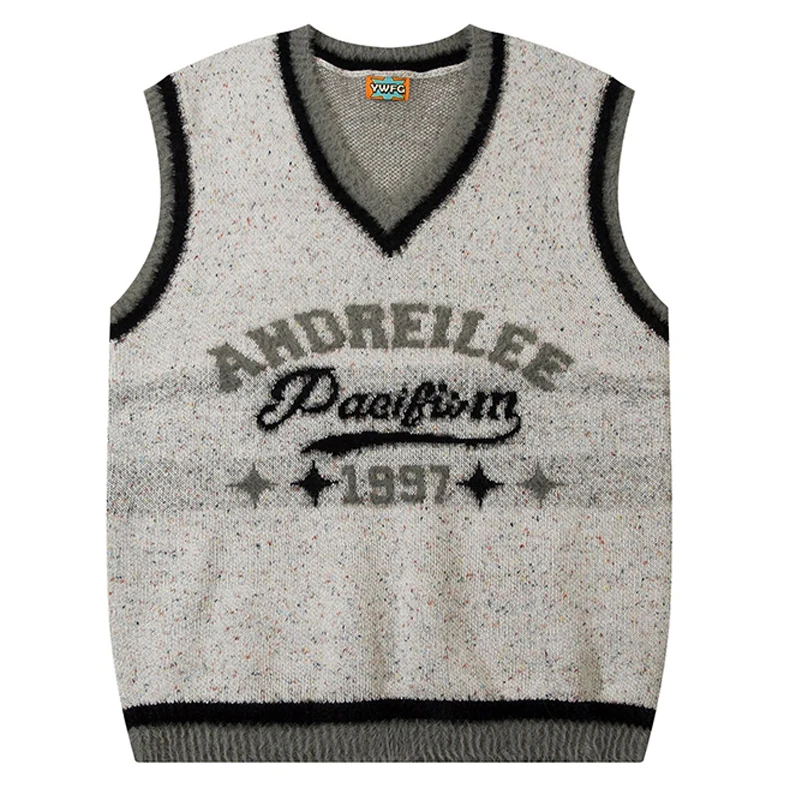 

Sweater Vest Men Thicken V-neck Sleeveless Knitted Sweaters Vests Letters Print Retro Preppy Simple Chic Loose Casual All-match