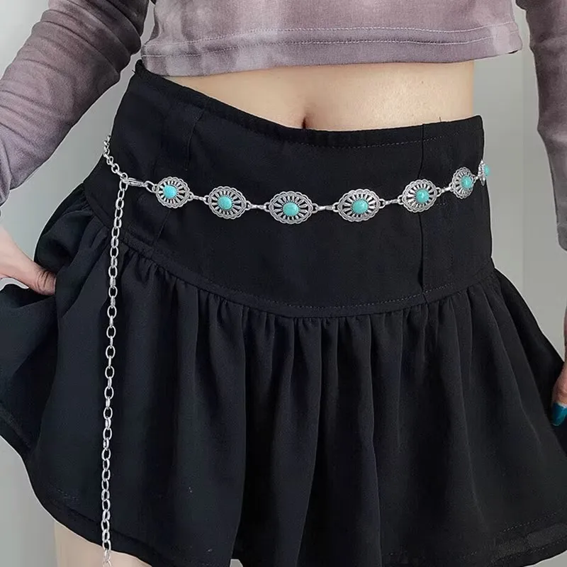 1pcs vintage ethnic waist belt for women, green turquoise inlaid, personalized trend decoration, fashionable and versatile metal