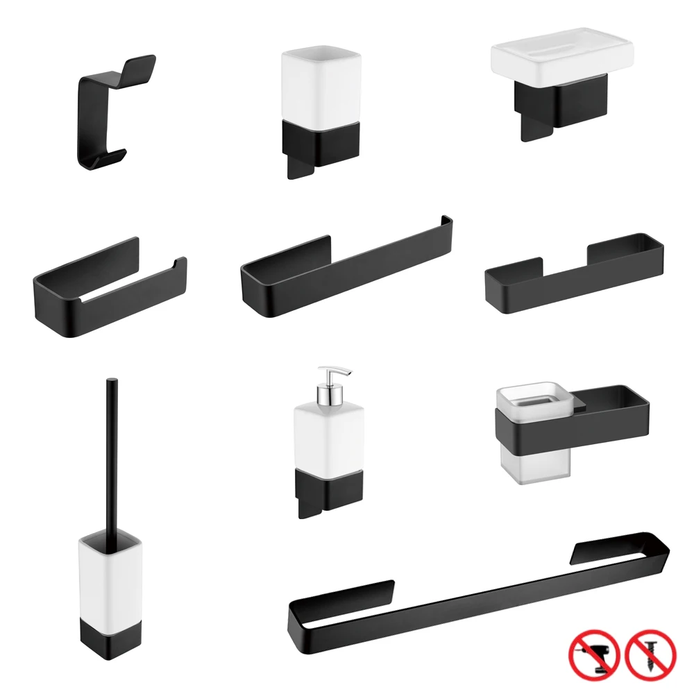 Aluminum Bathroom Hardware Sets Black Robe Hook Free Punch Towel Holder Toilet Paper Holder Ceramic Holder Hair Dry Holder