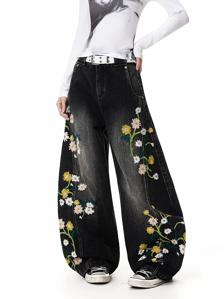 Y2K American High Street Jeans Unisex Plant Flower Embroidery Curved Knife Loose Wide Leg Casual Versatile Pants