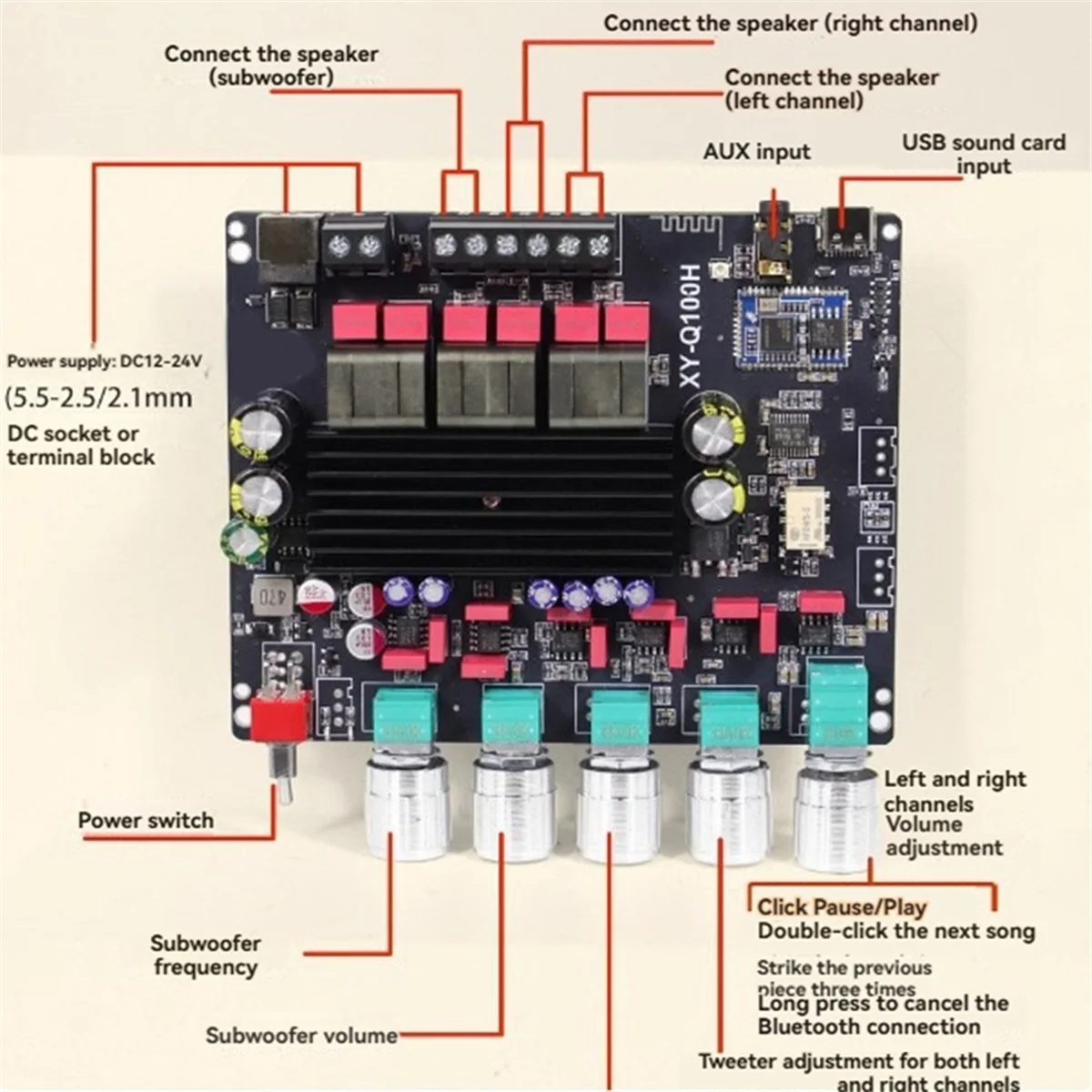 A83Z XY-Q100H لوحة مكبر كهربائي رقمي 2.1 قناة 50Wx2 + 100W مضخم صوت وحدة مضخم صوت بلوتوث مع سلك محمي #4