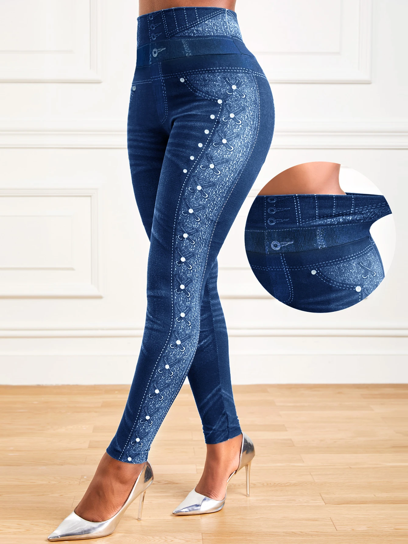 High-Stretch Denim Print Leggings Ultra Comfortable Tummy Control for Yoga High Rise Waist Daily Fashionable Drop Shipping