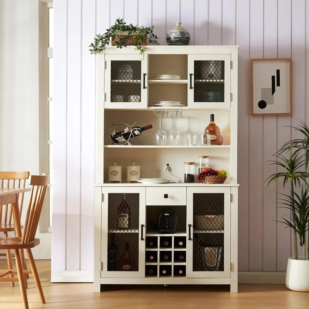 70" Wine Cabinet with LED Light and Outlets, Wines Bottle Rack, Wine Glass Rack, Drawer, Storage Shelf, Rustic Bar Cabinet