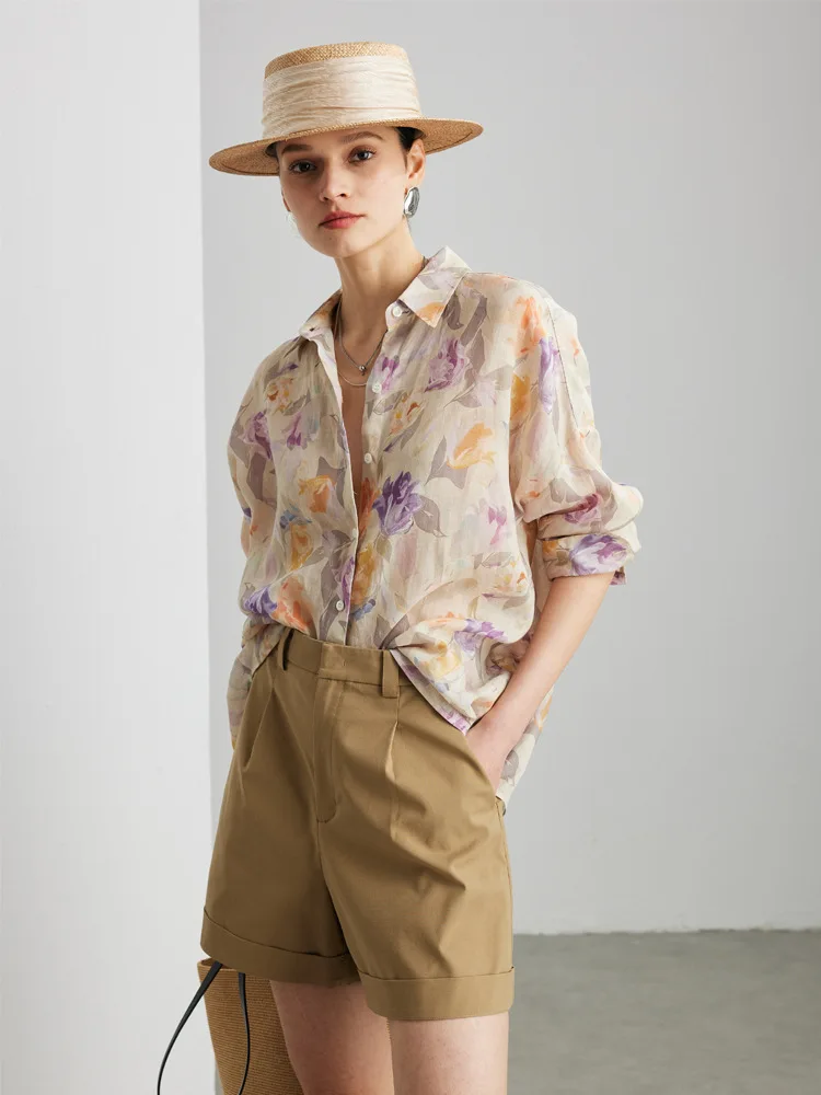 

100% ramie shirt 2026 spring and summer long-sleeved age-reducing western style printed shirt sun protection versatile top