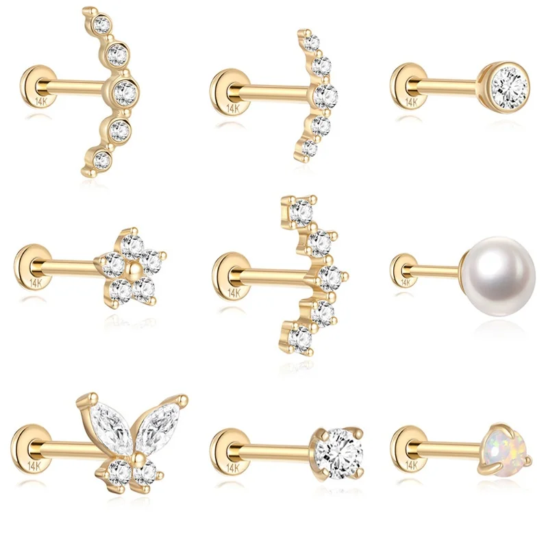 Gaby Hot Sale Solid 14K 18G Gold Stud Earrings Pearl Zircon Internal Thread Flat Back 16G Ear Bone Ring Labret Piercing
