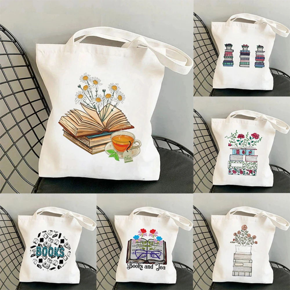 

1pcs Who Loves Books Canvas Tote Bag Women Reusable Shopper Bag Retro Rose Books Fashion Read Lover Shoulder Handbags Daily Use