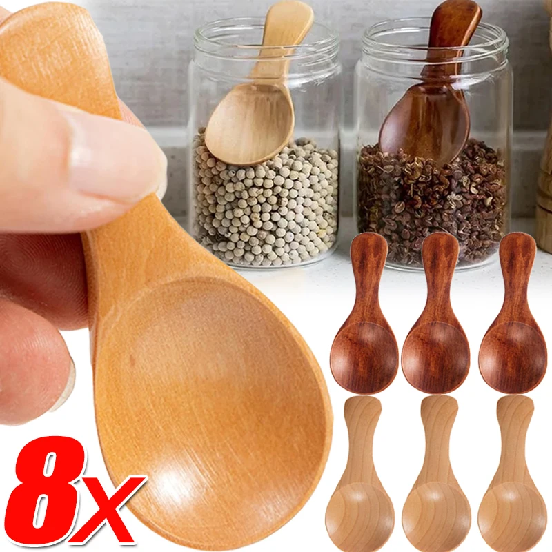 1/8PCS Mini Wooden Spoons Kitchen Spice Condiment Salt Sugar Spoon Short Handle Round Head Kids Scoops Kitchen  Tableware