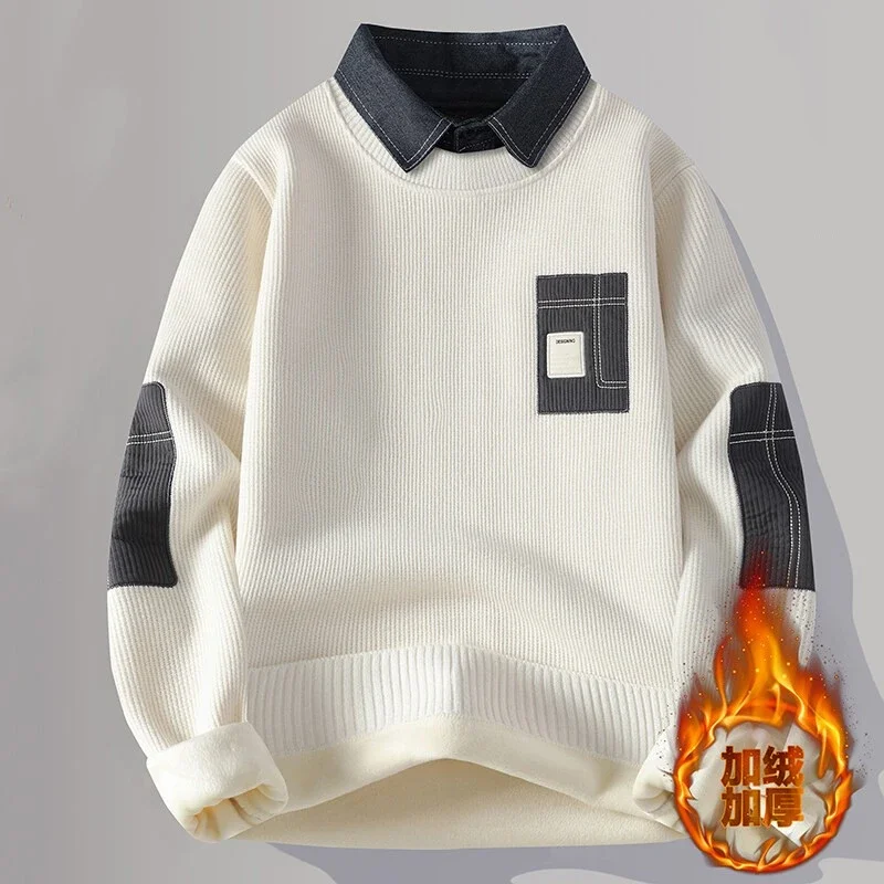 

Свитер мужской осенне-зимний бархатный утолщенный искусственный двухсекционный свитер с длинными рукавами и воротником рубашки, нижний свитер